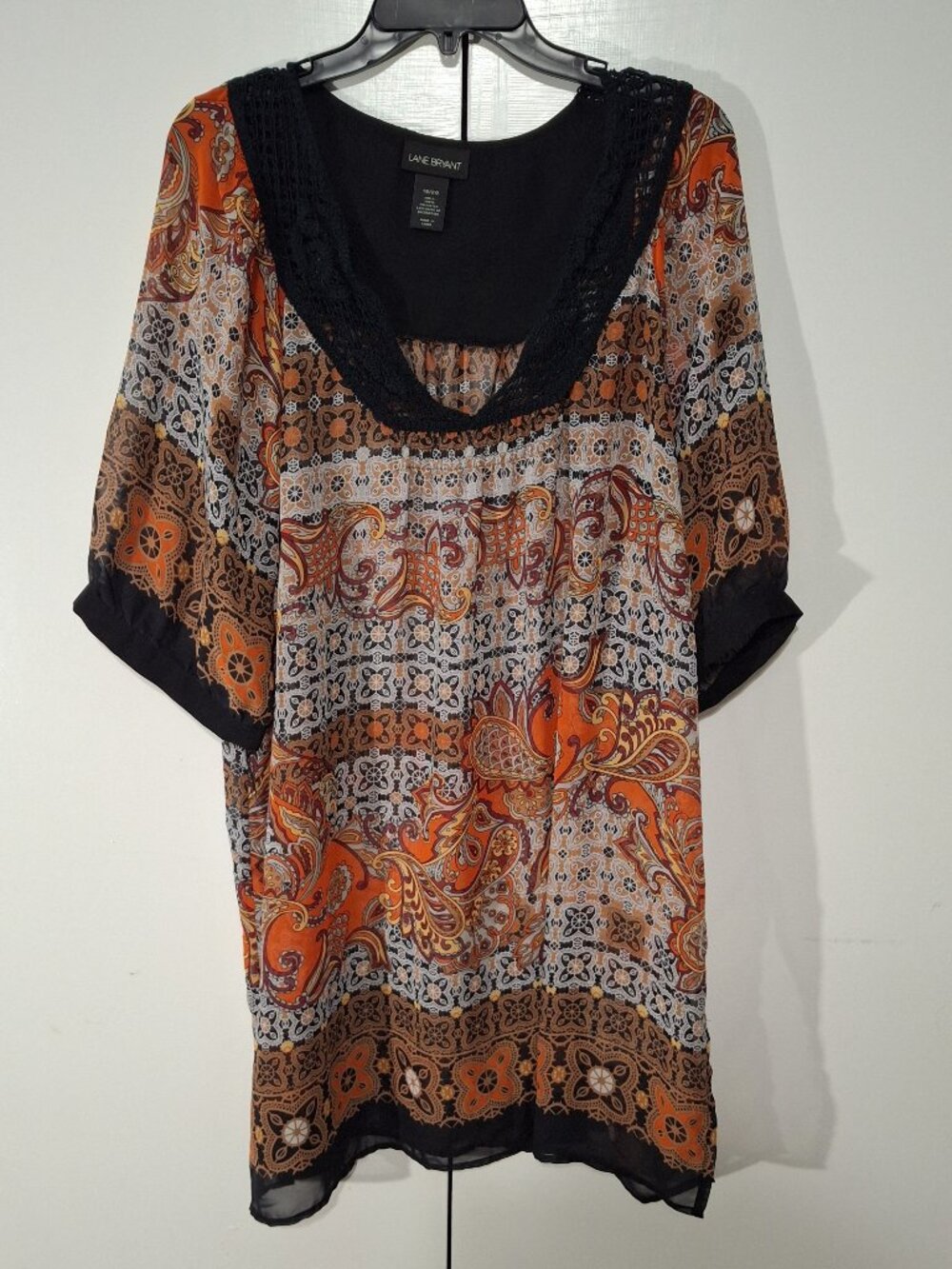 Lane Bryant 18/20 Boho Paisley Tunic Blouse Orange Black Crochet Neck Plus Size - Picture 3 of 7